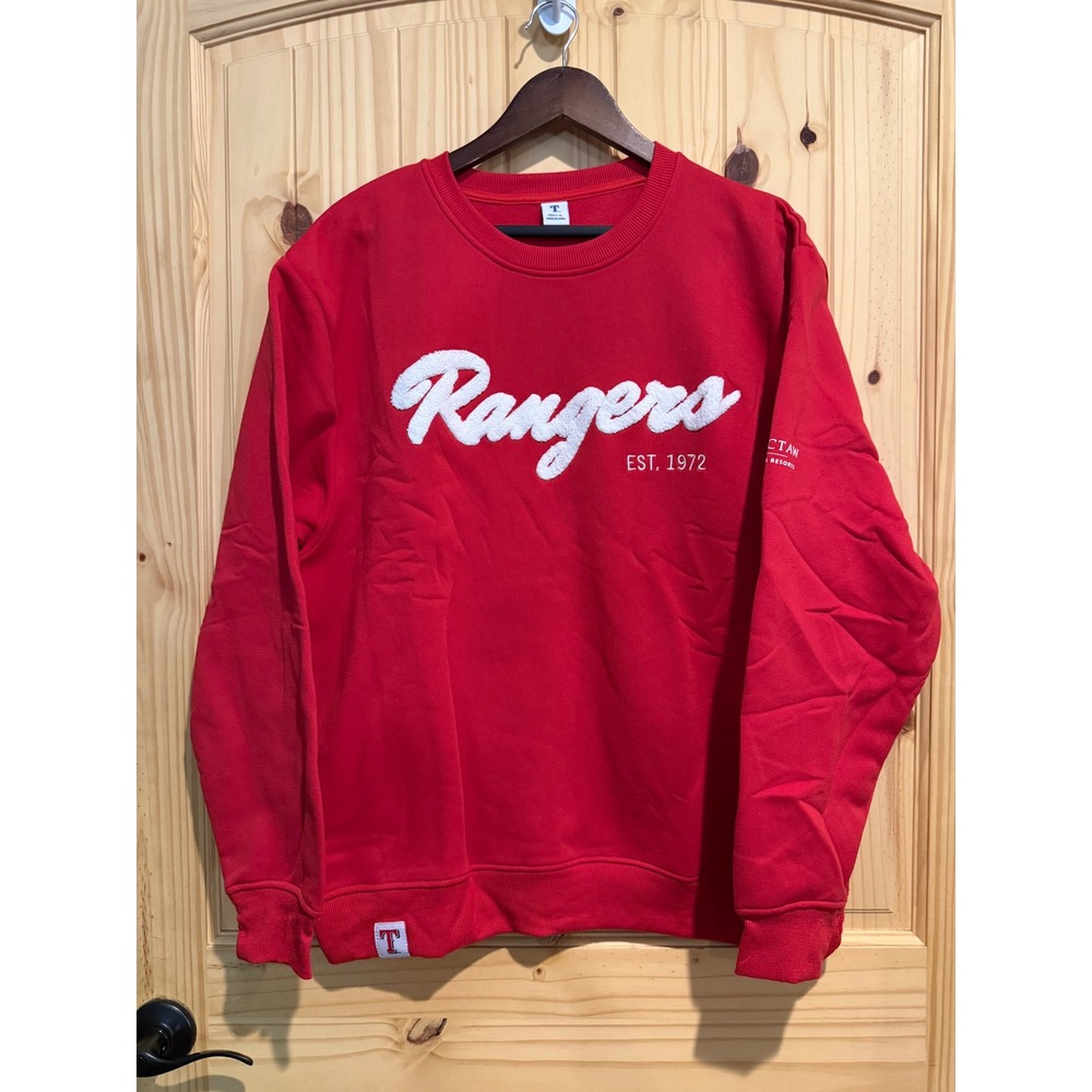 Texas Rangers Crewneck Sweatshirt Red Chenille Logo Choctaw Sleeve XL MLB